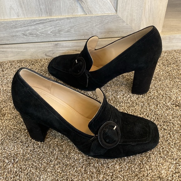 Marc Fisher suede black buckled heeled loafer Heel Platform Gucci 8.5 - Picture 2 of 10